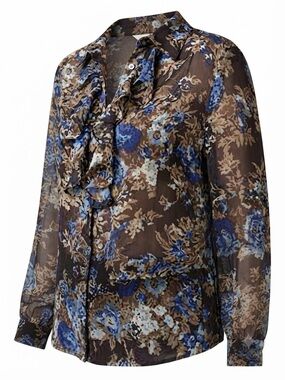 Coldwater Creek Blue and Brown Floral Ruffle Blouse